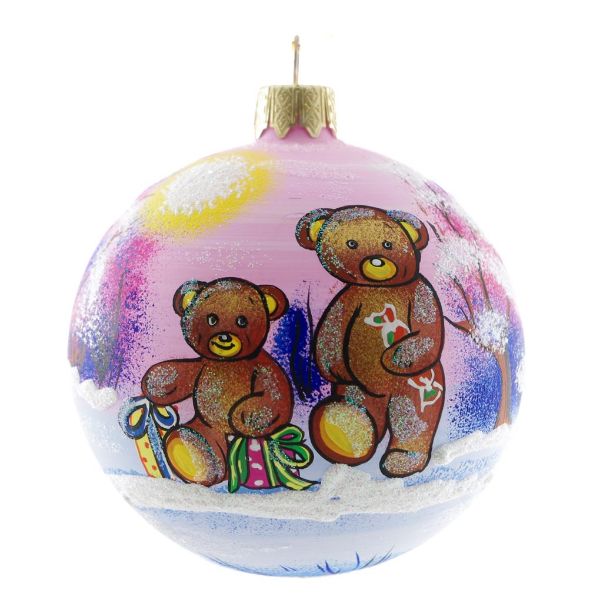 Picture of "Bear Cubs With Presents" Hand Painted Glass Christmas Ornament.