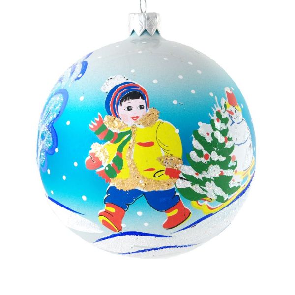 Picture of "Boy and a Snowman with a Christmas Tree" Glass Christmas Ornament.