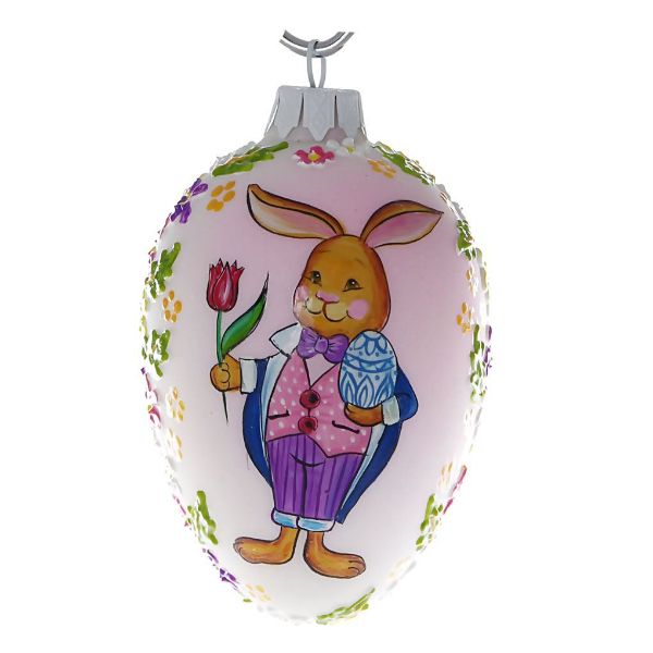 Picture of "Bunny With Tulip" Hand Blown Glass Easter Egg Ornament (Pink).