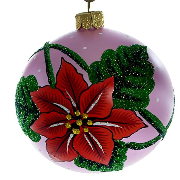 Picture of Poinsettia Glass Christmas Tree Ball Ornament, Hand Blown Pink Glass Christmas Ball
