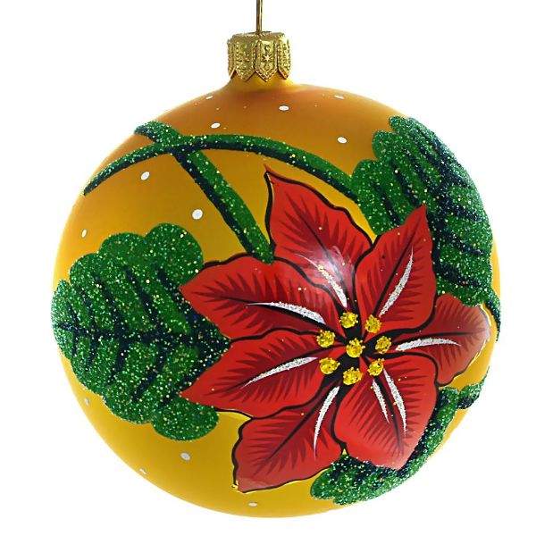 Picture of Poinsettia Glass Christmas Tree Ball Ornament, Hand Blown Yellow Glass Christmas Ball