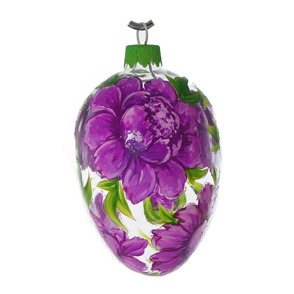 Picture of "Peonies" Hand Blown Glass Easter Egg Ornament (Violet).