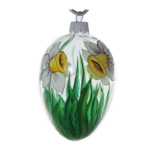 Picture of "White Daffodils" Hand Blown Glass Easter Egg Ornament.