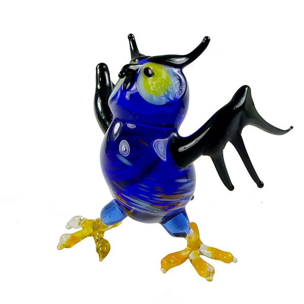 Picture of Hand Blown Glass Lampwork Collectible Miniature Blue Owl Figurine.