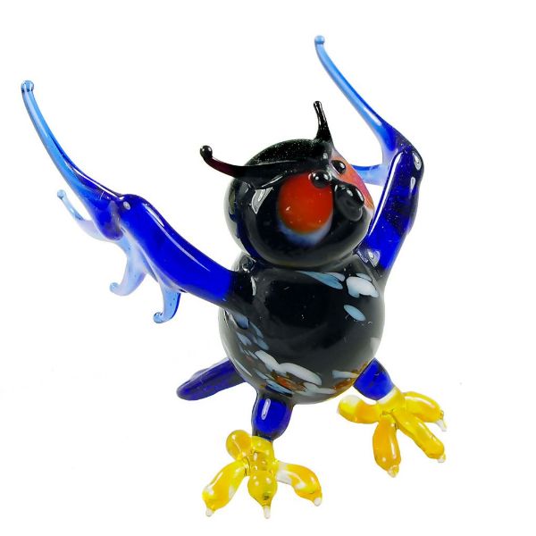 Picture of Hand Blown Glass Lampwork Collectible Miniature Blue Red-Eyed Owl Figurine.