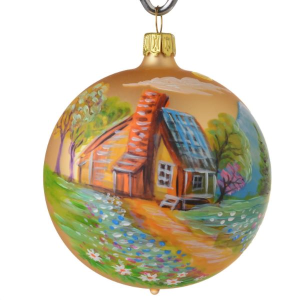 Picture of "Summer Cabin in Mountains" Hand Painted Christmas Ball. Made in Belgium.