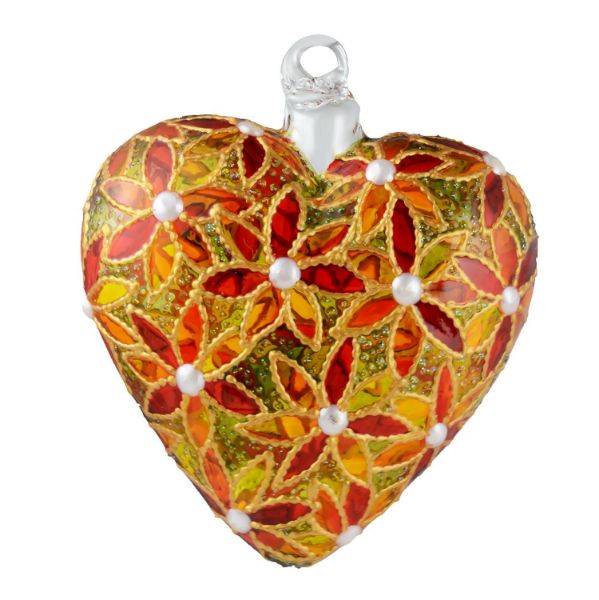 Picture of "Poinsettia" Glass Heart Hand Painted Christmas Ornament. Limited edition.
