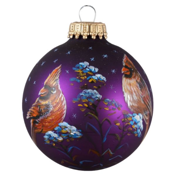 Picture of "Cardinals" Purple Glass Christmas Ball Ornament