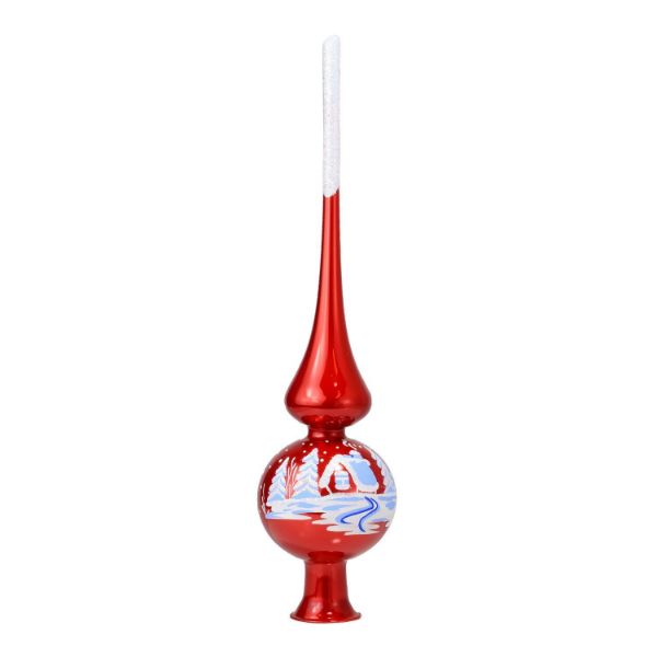 Picture of "Winter Countryside" Glossy Red Glass Christmas Tree Topper.