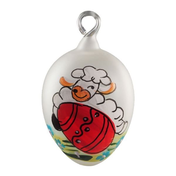 Picture of Lamb Holding an Egg. Czech Hand Blown Glass Easter Egg Ornament.