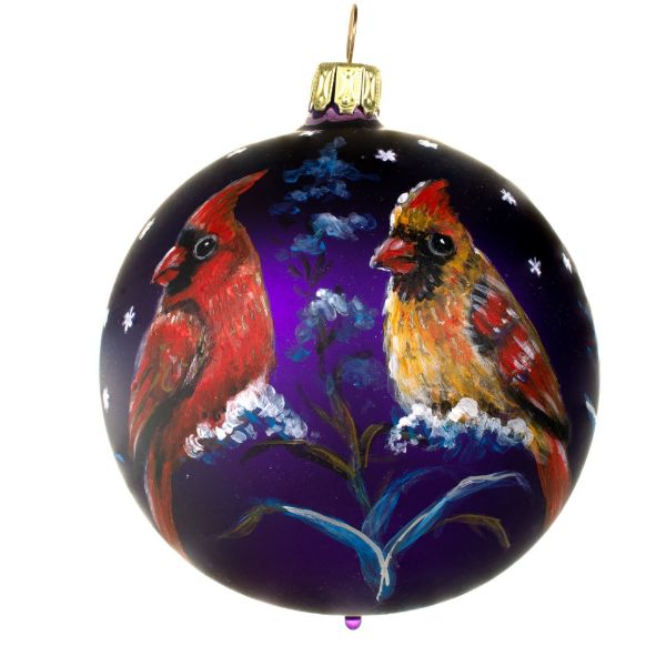 Picture of "Cardinals" Hand Painted Glass Christmas Ball Ornament (Purple)