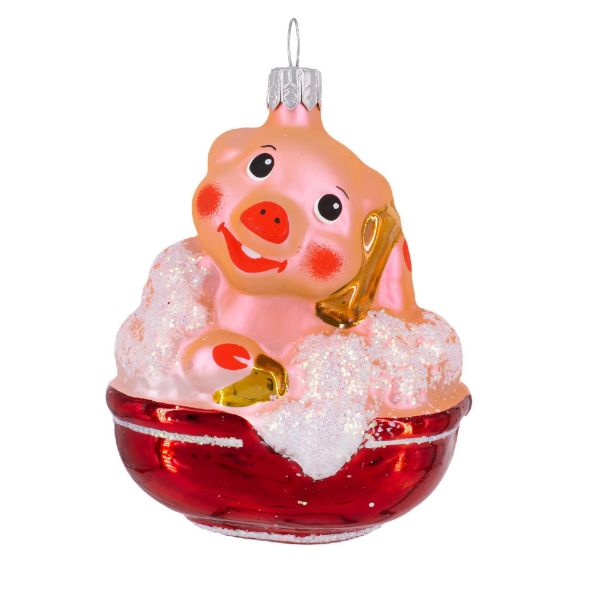 Picture of Piggy in Bathtub Hand Blown Glass Christmas Tree Ornament