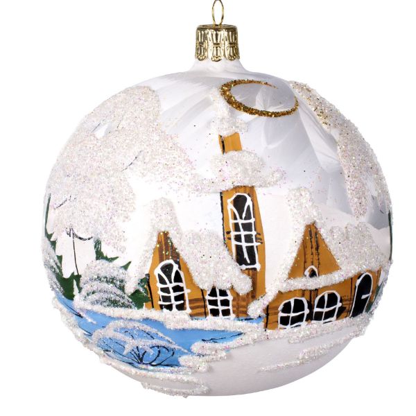 Picture of Hand Made Hand Painted White Glass Christmas Tree Ball Ornament Czech Winter Town