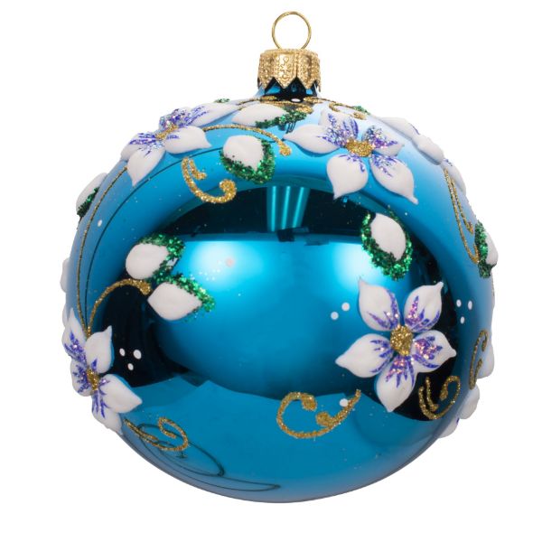 Picture of Floral Blue Blown Glass Hand Painted Christmas Tree Ball Ornament 