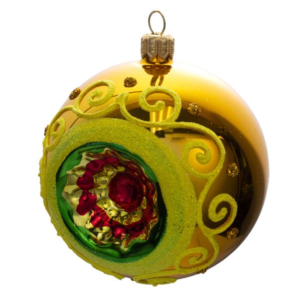 Picture of Hand Painted Reflector Indented Blown Gold Glass Christmas Ball Ornament