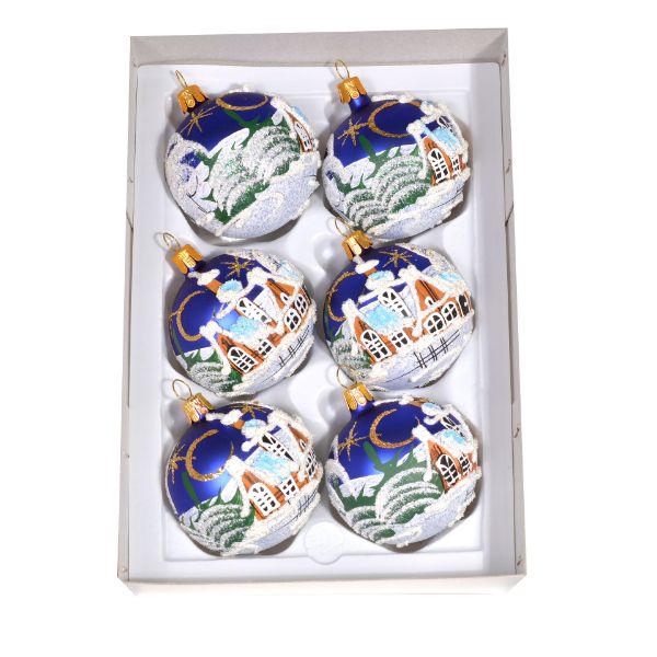 Picture of Czech Hand Painted 6-Ball Blue Matte Glass Christmas Tree Ornament Set 