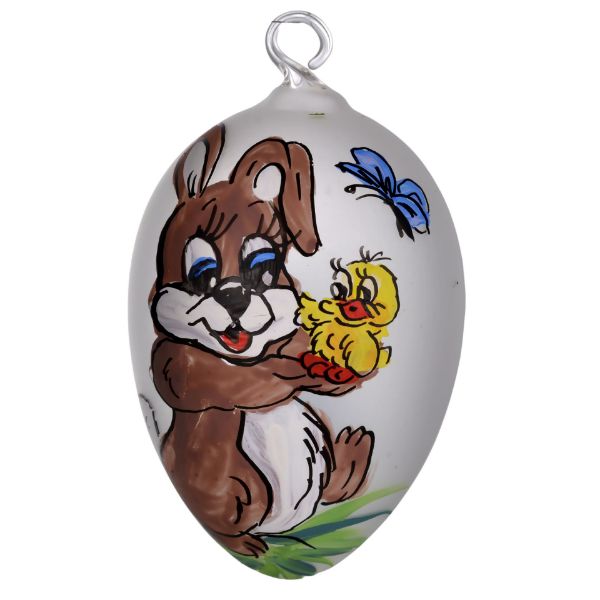 Picture of Bunny Holding a Duckling Czech Hand Blown Glass Easter Egg Ornament