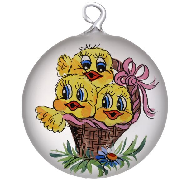 Picture of Ducklings Hand Painted Hand Blown Opaque Glass Easter Medallion Ornament