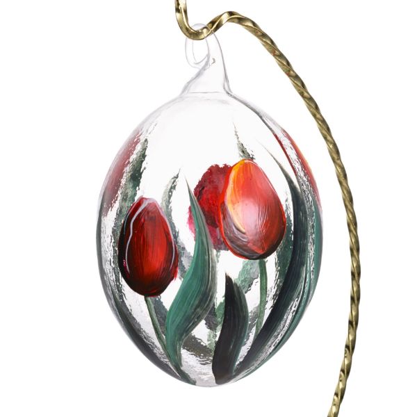 Picture of Red Tulips See Through Hand Blown Glass Easter Egg Ornament 