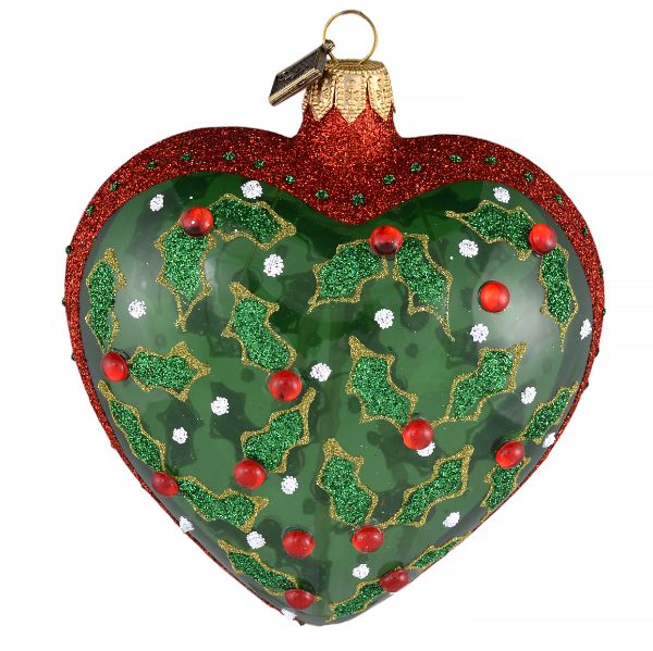 holly hand painted hand blown glass christmas tree heart ornament from Poland main picture