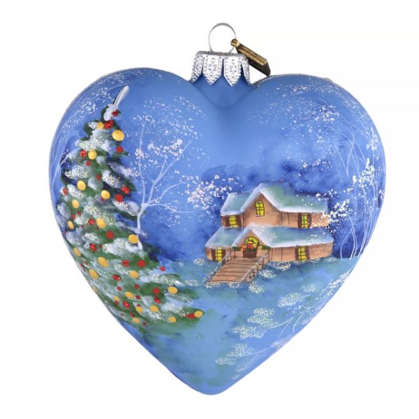 Hand Blown Glass Christmas Heart Ornament, Hand Painted Heirloom Glass Christmas Ornament