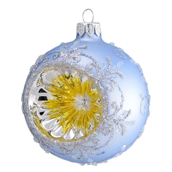 Picture of 3.1" Indented Reflector Hand Blown Sky Blue Glass Christmas Ball Ornament