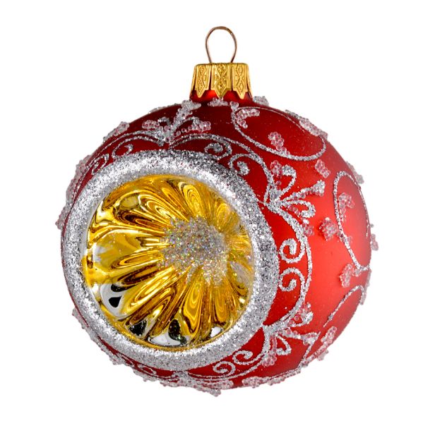 Picture of 3.1" Indented Glass Christmas Ball, Red Matte Reflector Ornament, Hand Made, Mouth Blown
