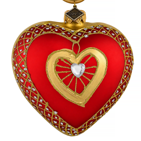 Picture of Crimson Heart Elegance – Red & Gold Jeweled Heart Christmas Ornament, Elegant Glass Holiday Decoration, Romantic Keepsake Gift