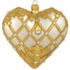 Handblown Polish glass heart Christmas ornament in ivory and gold with jeweled accents