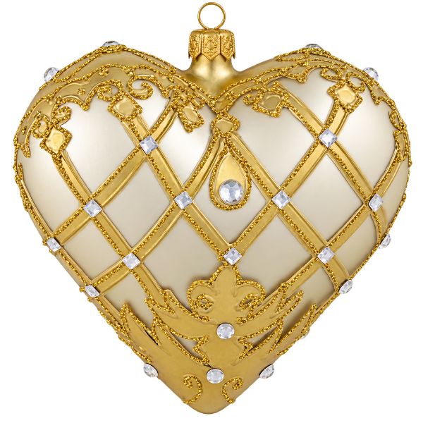 Handblown Polish glass heart Christmas ornament in ivory and gold with jeweled accents