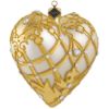 Side view of handblown Polish glass heart Christmas ornament in ivory and gold with jeweled accents