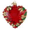 Handblown red heart glass Christmas ornament with jeweled berries, pearl accents, green leaves and gold detailing, made in Poland