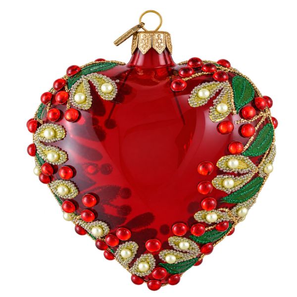 Handblown red heart glass Christmas ornament with jeweled berries, pearl accents, green leaves and gold detailing, made in Poland