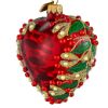 Side view of handblown red heart glass Christmas ornament with jeweled berries, pearl accents, green leaves and gold detailing, made in Poland