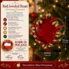 Infographic for red jeweled heart glass Christmas ornament showing handblown glass, hand-painted details, 95 x 100 mm size, and Made in Poland craftsmanship