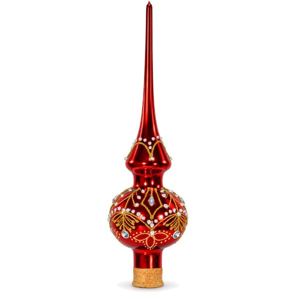 Picture of Red Glass Christmas Tree Topper, 10.5-Inch Jeweled Finial with Gold Glitter